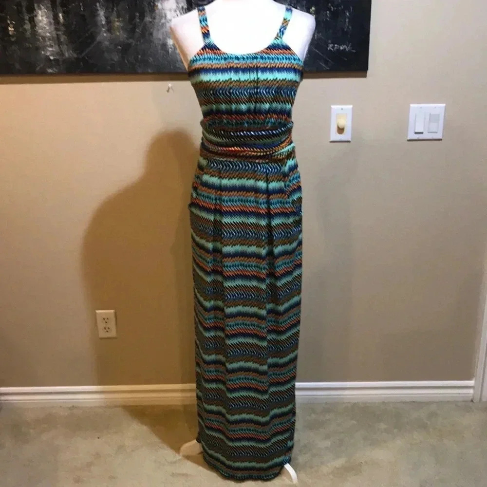 Donna Ricco New York Blue/Green/Orange Striped Halter Maxi Dress w/Pockets-Sz 6